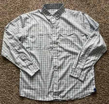 Huk Shirt Men Medium Blue White Plaid Button Down Fish Print Performance Fishing