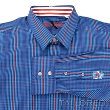 ROBERT GRAHAM X Blue Plaid Check 100% Cotton Mens Casual Dress Shirt - 2XL