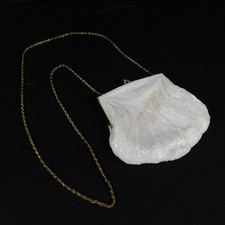 VTG La Regale White Beaded Purse Evening Bag Clamshell Crossbody Strap