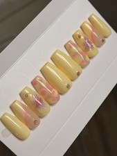   CUSTOM Press On Nails YELLOW PINK FLOWER BLING Flower 10p SET W Kit