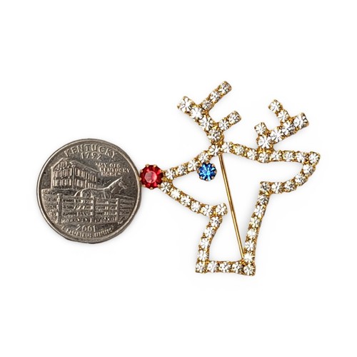 Vintage Rudolph The Red Nosed Reindeer Crystal Outline Gold Tone Holiday Brooch - Picture 3 of 5