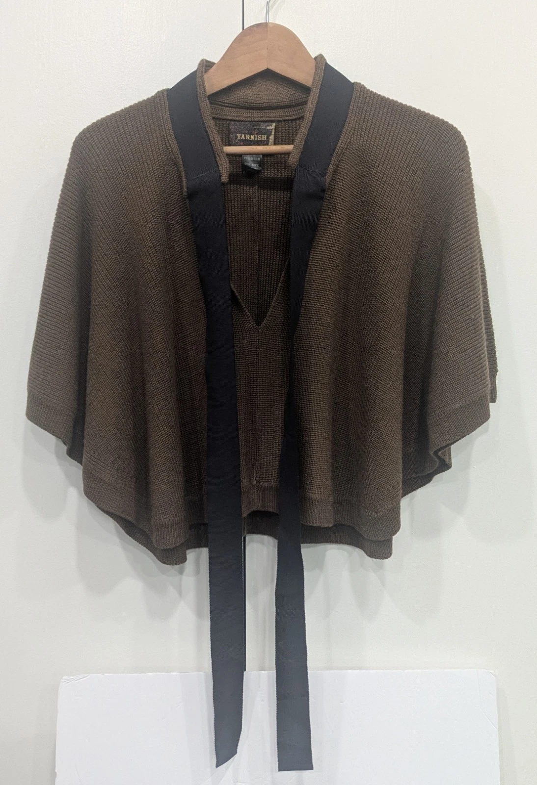 Tarnish Nordstrom Wool Blend Lagenlook Ribbon Cape Poncho Sweater Brown One Size