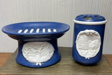 Vintage Bathroom Set Blue White Soap Dish Toothbrush Holder Winter Holiday