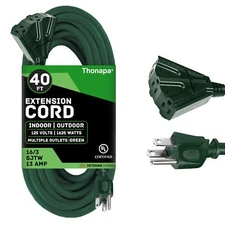 40ft Green Outdoor Extension Cord with 3 Outlets 16/3 SJTW Weatherproof