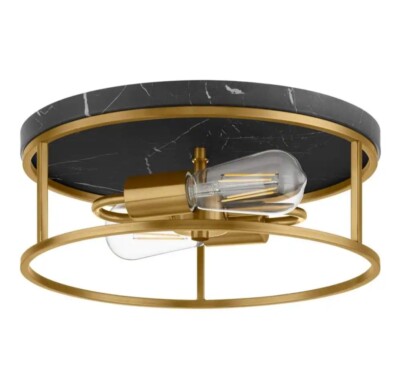 Cogburn 13 in. 2-Light Antique Brass with Black Marbled Base Flush Mount