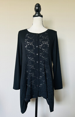 Comfy USA Women's Small Black Tunic Top Button Up Knit Lace Panel Asymmetric