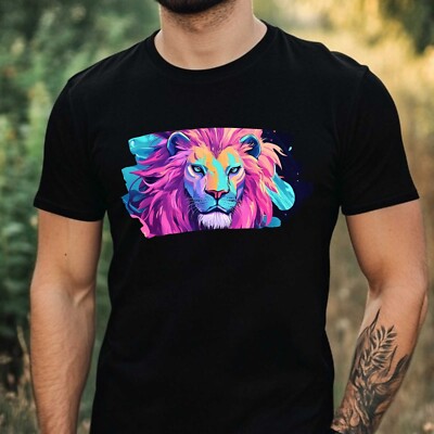 Mens Vaporwave Lion Print Cotton T-Shirt Size XS to 5XL