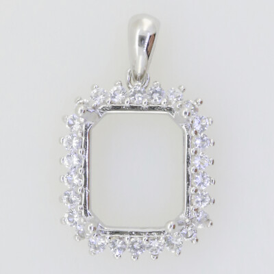Sterling Silver Semi Mount Pendant Setting Emerald OCT 11x9mm Halo Topaz