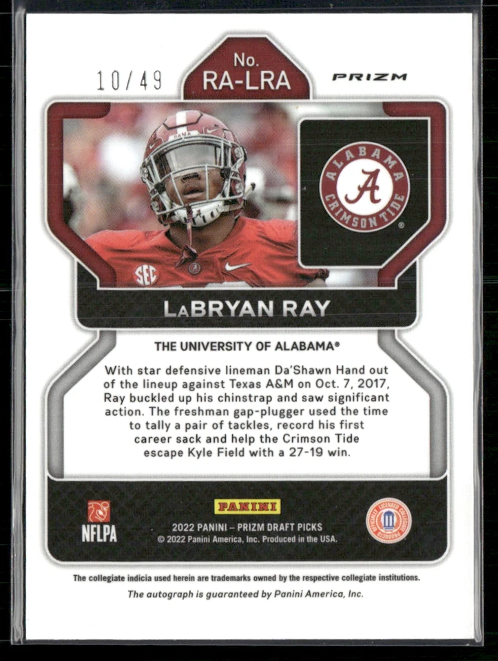 LaBryan Ray 2022 Prizm Draft Picks Orange Pulsar Prizm Auto 10/49 - Image 2 of 2