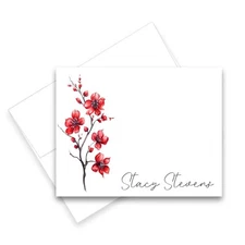PERSONALIZED - 12 FOLDED Note cards Stationery with Envelopes - Red Blossom