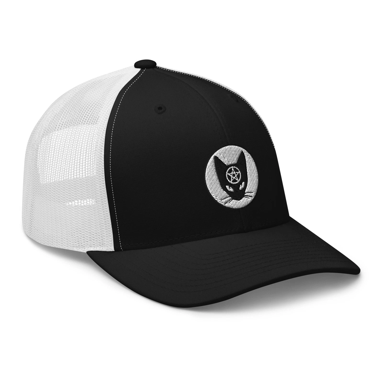 Black Cat Wiccan Pentagram Embroidered Retro Trucker Cap Snapback Hat