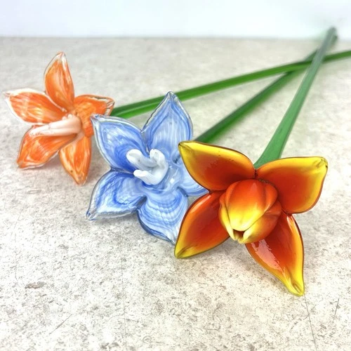 (3) Vintage Murano Style Hand Blown Glass Flowers, Long Stem 19” Blue And Orange