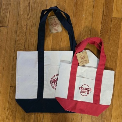 Trader Joes Set Of 2 Mini & Large Canvas Tote Bags Red and Navy Brand NEW