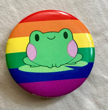 Rainbow Frog Button Whatever Company Metal Pin Back Made in USA frog on Lily Pad