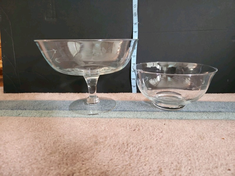Two Princess House Heritage Serving Bowls 10” & 8" Dia Crystal Floral Etched