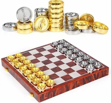 2in1 Luxury Metal Chess And Checkers Set - Foldable Wooden Board - Metal Pieces