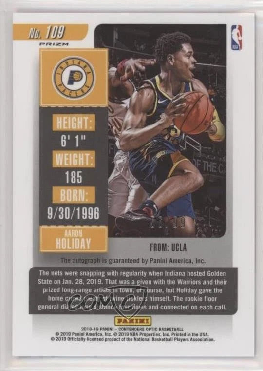 2018 Contenders Optic Season Ticket Blue Prizm /99 Aaron Holiday Rookie Auto RC - Image 2 of 2