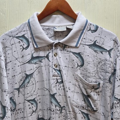 Island Shores Polo Shirt Mens XL White Nautical Fish Map Print Pocket Casual Top