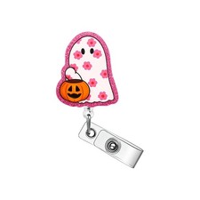 Floral Ghost Halloween Badge Reel, Glitter Retractable Badge Holder with Alli...