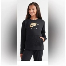 Big Kid Nike Air Black Gold Logo Embossed Sleeve Pocket Crewneck Sweatshirt - XL