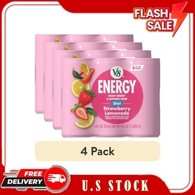 (4 pack) V8 Energy Diet Strawberry Lemonade Juice Energy Drink, 8 fl oz Can