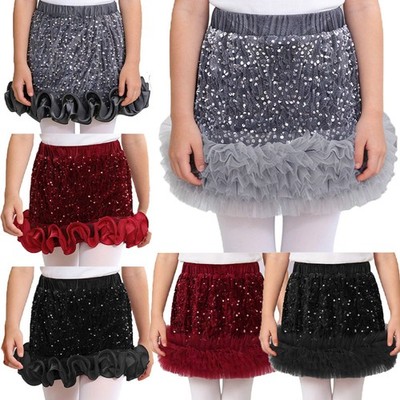 Kids Girls Skirts Mini Skirts Skorts Ruffled Hem Velvet Skirt Princess Elastic