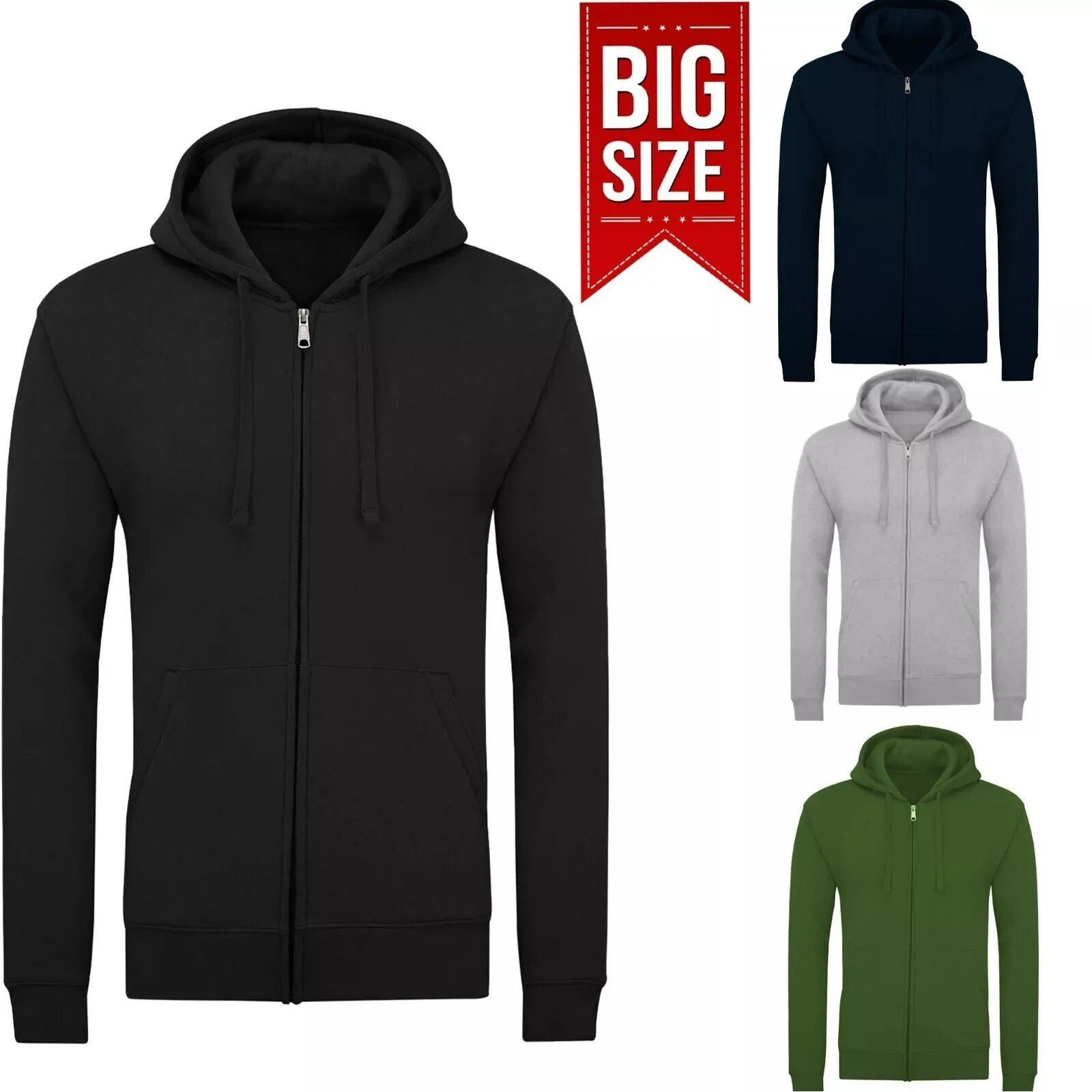 Mens Plain Fleece Zip Up Zipper Sweatshirt Big Man Size Jacket Jumper Hoodie New