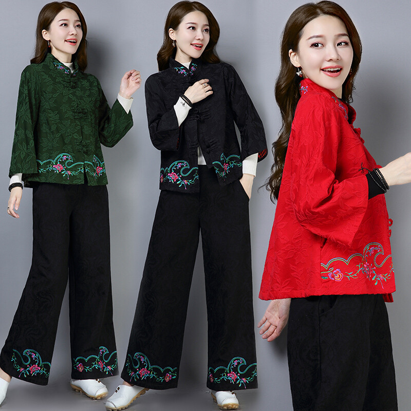 ジャケット・アウター Ethnic Embroided Design No Collar Jacket Ladies Embroidery Floral Coat Jacket Top Warm Mandarin