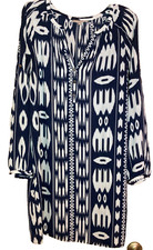 Banana Republic Navy White Tribal Sheath Dress Size 8 V-Neck Long Roll Tab Slv