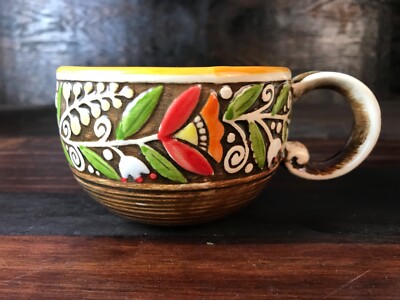 Manna Ceramics Textured Colorful Floral Coffee Cups Green And