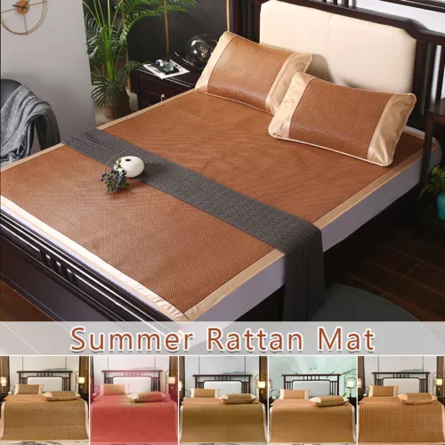 Summer Sleeping Rattan Bed Mat Foldable Nature Bamboo Cool Bed Mat +Pillowcase - Picture 2 of 29
