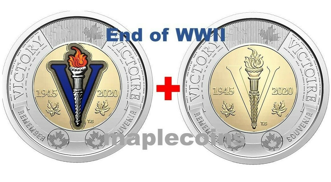 NEW! 2020 75th Anniversary end of WWII Toonie $2 Color + NO Color Canada Coin