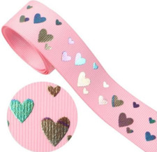 GROSGRAIN RIBBON 7/8" Silver Foil Hear on Pink Ribbon Hairbow Birthday gift