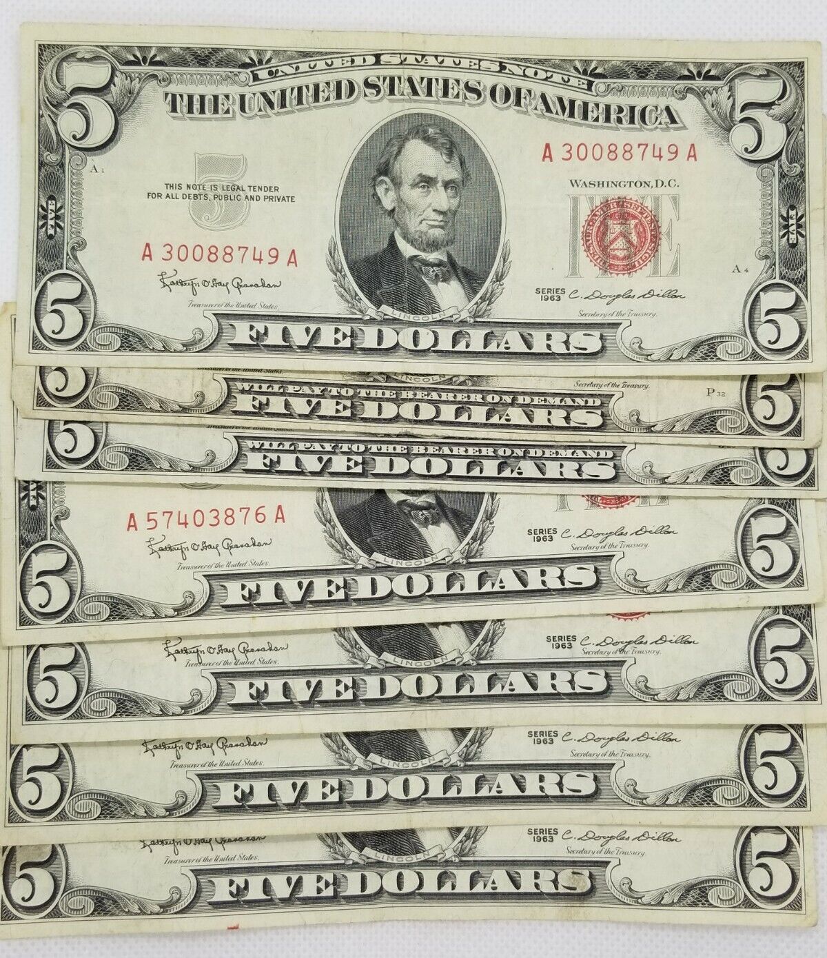 1953/63 Five Dollar RED Seal Note United States Note Old US Bill $5 Average Circ