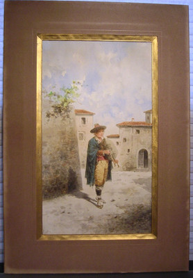 Antique Italian Watercolor Painting Peasant Boy Playing Zampogna