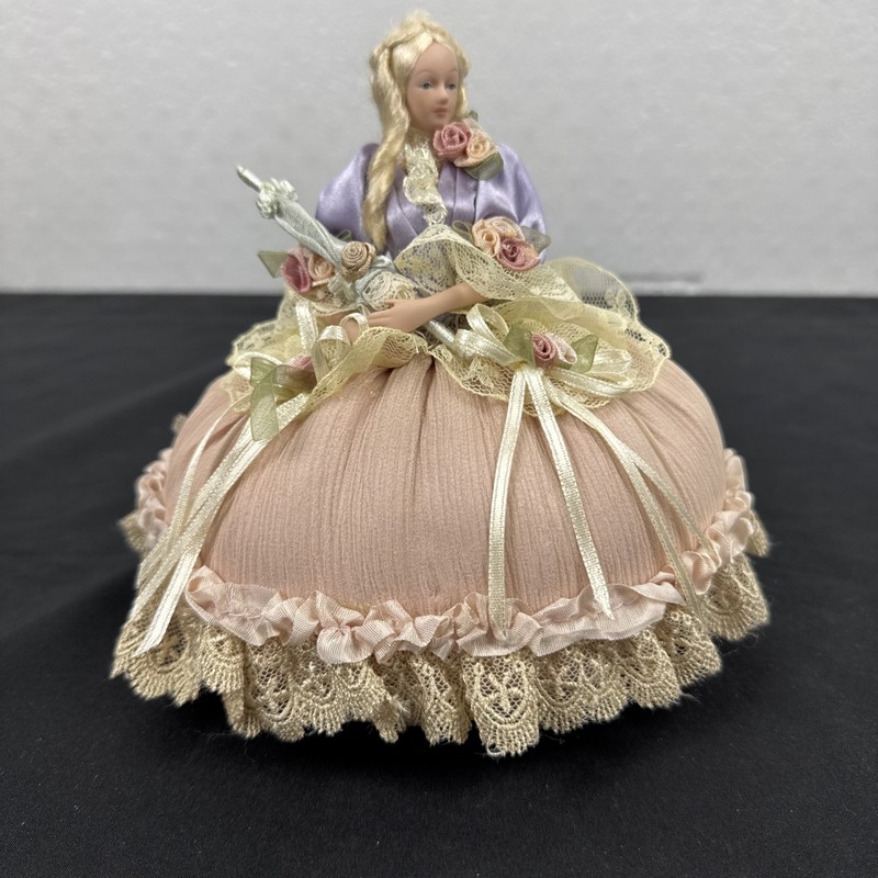 Vtg. Porcelain Half Doll Pin Cushion Victorian Style Lace Peach Skirt 5”