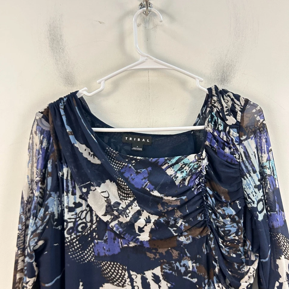 Blusa grande tribal para mujer Top azul negro malla manga 3/4 pulóver forrado 23171 Foto 4 de 4