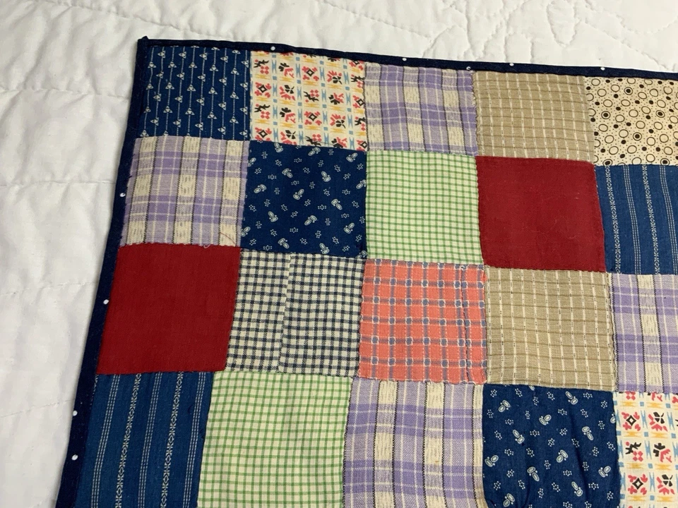 Antique Vintage Patchwork Quilt Table Topper, 4 Patch, Early Calicos, Red, Blue - Image 4 of 4