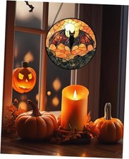 Stained Glass Window Hanging, Black Bat Sun Catcher 11.8x11.8 IN Orange Black