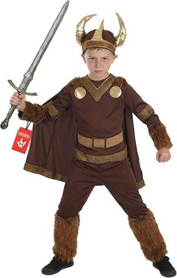 Boys Viking Costume & Horned Helmet M - XL Kids Norse Warrior Outift Halloween