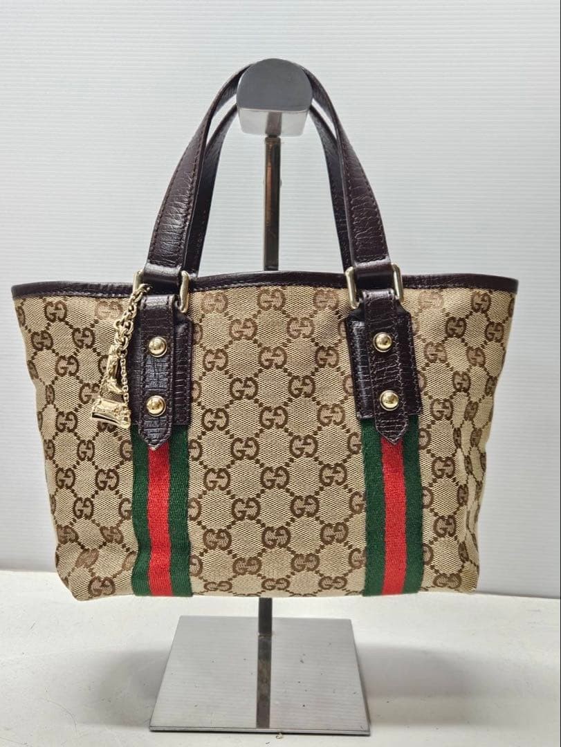 GUCCI Vintage GG Canvas Sherry Line Tote Bag Leather Trim Excellent Condition