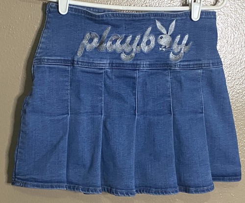 Playboy Denim Pleated Mini Skirt Bunny Embroidered High Waist Women's 27 Blue  - Picture 1 of 3