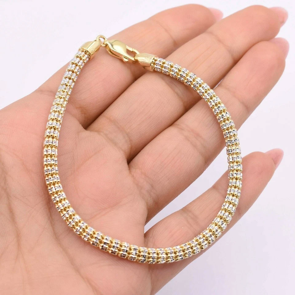Diamond Cut Ice Chain Link Bracelet Real 14K Yellow White Gold - Image 2 of 4