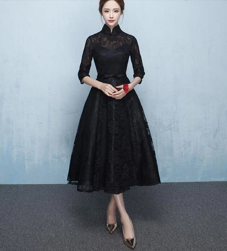 Chinesischer Stil Spitze Blumen Langarm schwarz Kleider Damen formell Cocktailkleid - Bild 5 von 17