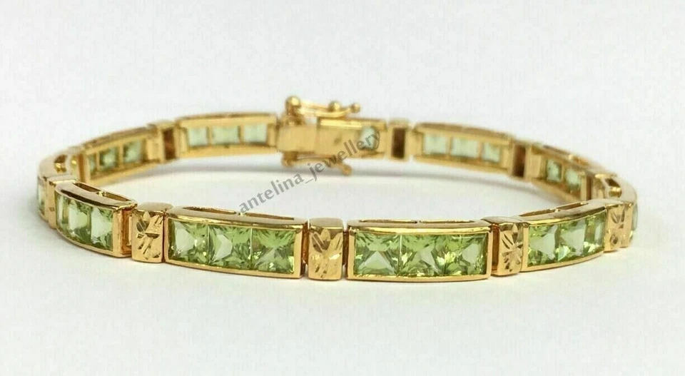 Women's Tennis Bracelet 10Ct Princess Lab Created Peridot 14k Yellow Gold Plated - Image 2 of 4