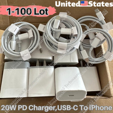 1-100 Lot 20W Fast Charger Block Type C Cable For iPhone 14 13 12 11 Pro Max 8 X