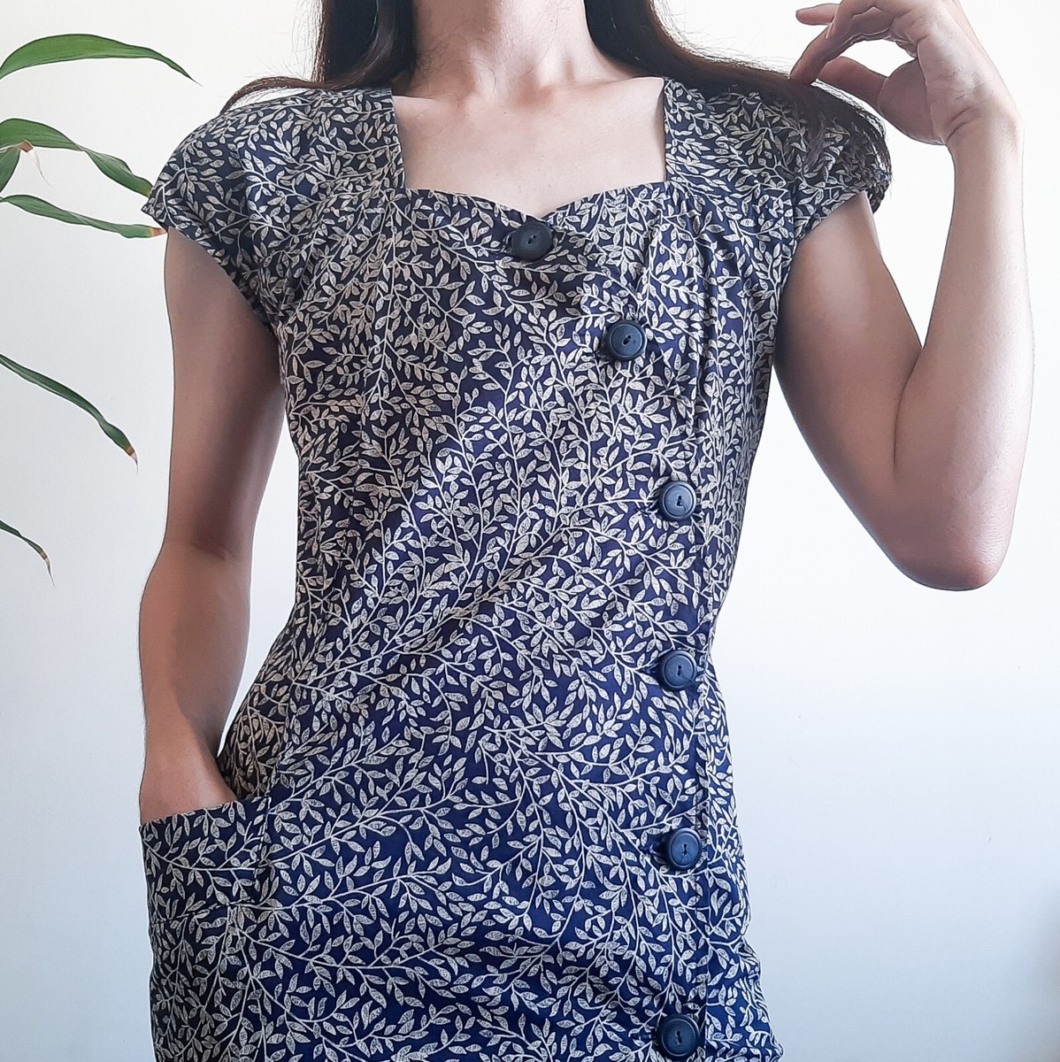 KRIZIA POI Vintage Navy Blue Brown Leaf Print Cotton Sheath Dress
