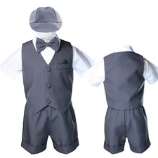5pc New Born Boy Toddler Dark Gray Eton Vest Shorts Outfits Hat Set Formal Sm-4T