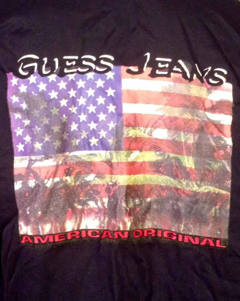vintage EUC Guess Jeans Rayon Loop Collar Shirt USA Flag Spell Out sz L - Image 2 of 4
