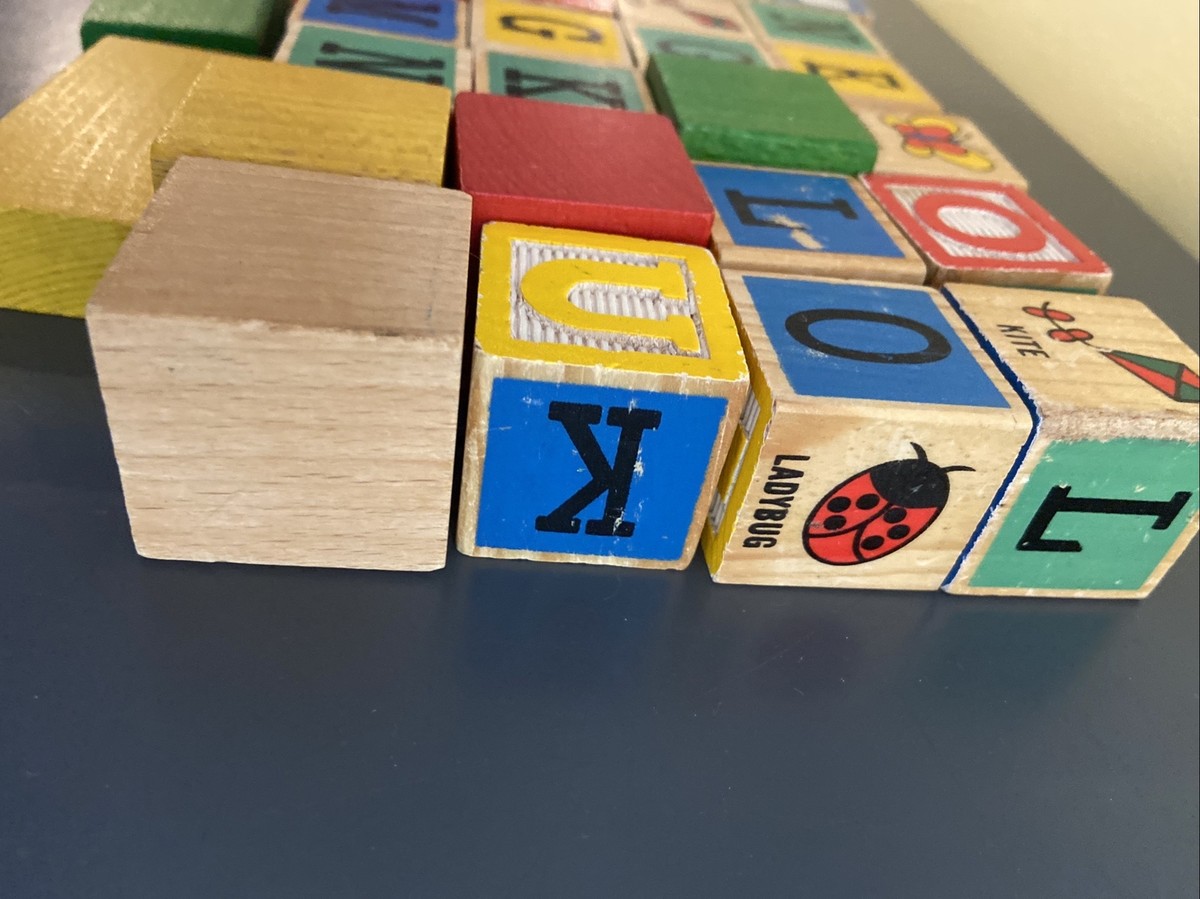 48 Vintage Wooden Blocks ABC Alphabet and Numbers Colorful